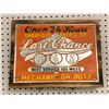 Image 1 : Nostalgic tin on wood plank sign "Last Chance Gas Next Service 100 Miles" - 15 1/2in x 11 3/4in