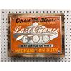 Image 1 : Nostalgic tin on wood plank sign "Last Chance Gas Next Service 100 Miles" - 15 1/2in x 11 3/4in
