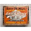 Image 1 : Nostalgic tin on wood plank sign "Last Chance Gas Next Service 100 Miles" - 15 1/2in x 11 3/4in