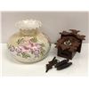Image 1 : Vintage milk glass floral hurricane lamp shade and cuckoo clock