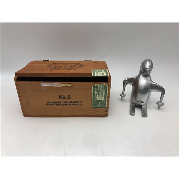 Estate Goods - Handmade English Caro box w/ coins & silver plate ski penguin sculpture