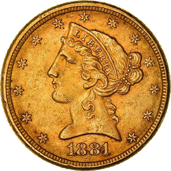 1881 philadelphia $5 half eagle united states gold coin