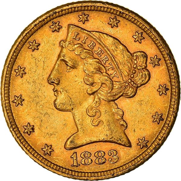 1883 coronet head $5 half eagle united states gold coin