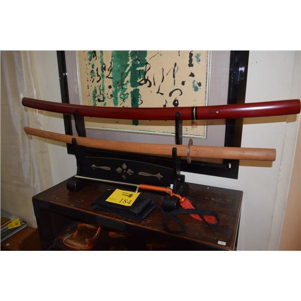 Bokken Rack SWORD RACK W/KATANA BLADE, WOODEN BOKKEN & JUTTE (4 PCS)