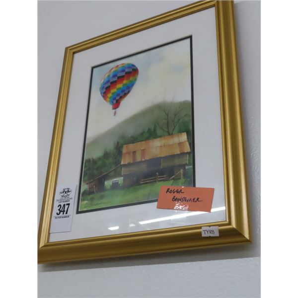 Framed Photo of Balloon Flying Over Barn Signed Bansemer