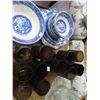 Image 3 : Pressed Glass, Amber Glass, Blue Trim China