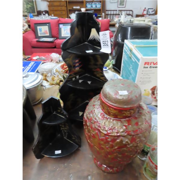 Oriental Corner Shelves, Lidded Urn