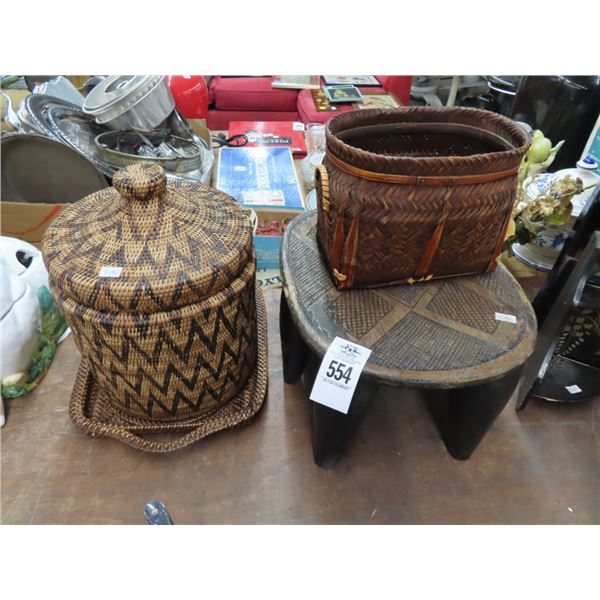 Wicker Baskets, Carved Stool