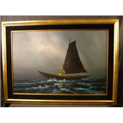 Oil on Canvas Boat Painting Approx. 30" x 36"