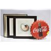 3 FRAMED ARTWORK PCS & COCA-COLA BOTTLE CAP SIGN