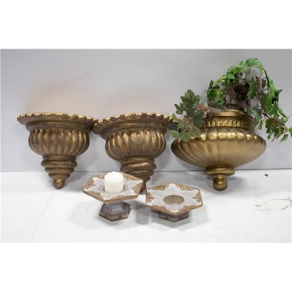 3 DECORATIVE WALL SCONCES, 2 CANDLE HOLDERS