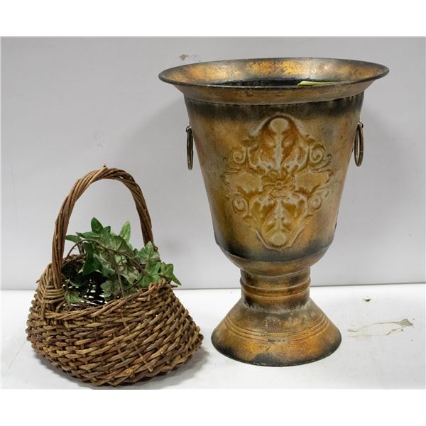 METAL PLANTER 15IN H, WITH HANDLES, WICKER BASKET