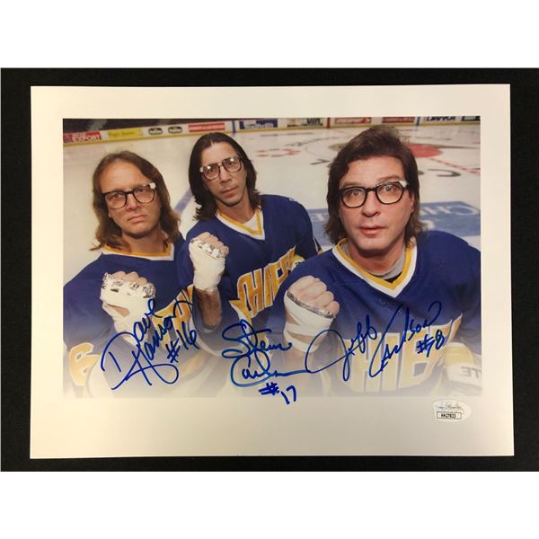 SLAPSHOT MOVIE HANSON BROTHERS TRIPLE SIGNED 8 X 10 (JSA COA)