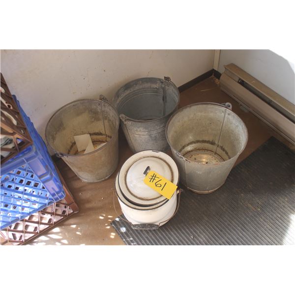 3- Galvanized Milk Pails and Vintage Enamel Pot