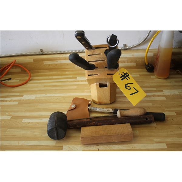 Misc. Knives in Block, Homtronix Hatchet, Mallet and Scraper