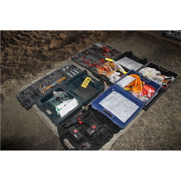 Pallet of Tools, Drill Sharpener and Emergency Kit