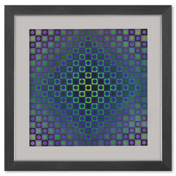 Victor Vasarely (1908-1997), "Boglar de la série Folklore Planetaire" Framed 1971 Heliogravure Print