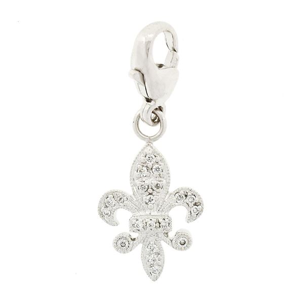 14k White Gold .20 ctw Diamond Fleur de Lis Dangle Lobster Clasp Charm Pendant