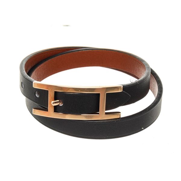 Hermes Black Leather Behapi Bracelet