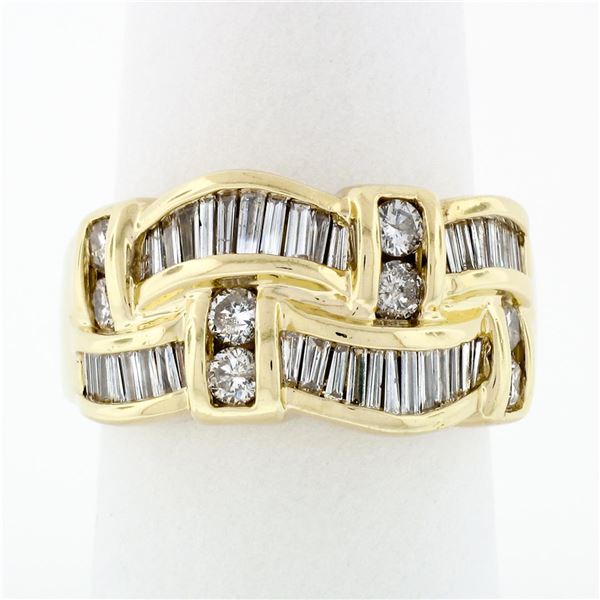 14K Yellow Gold 2.1 ctw Channel Set Round & Baguette Diamond Wide Band Ring