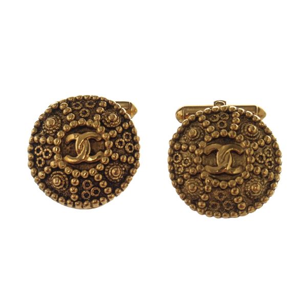 Chanel Antiqued Gold-tone Round CC Cufflinks