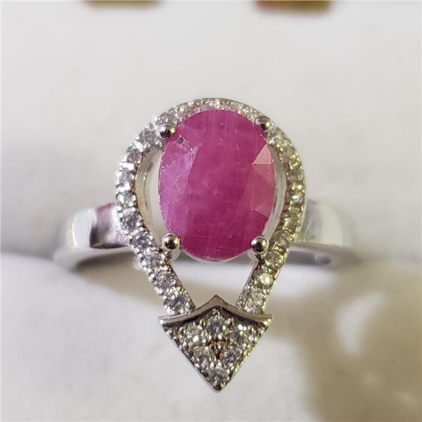Silver Rhodium Plated Ruby(1.6ct) Ring (~Size 5.5)(Ring is resizable for $40) (~length 0 inches), Su