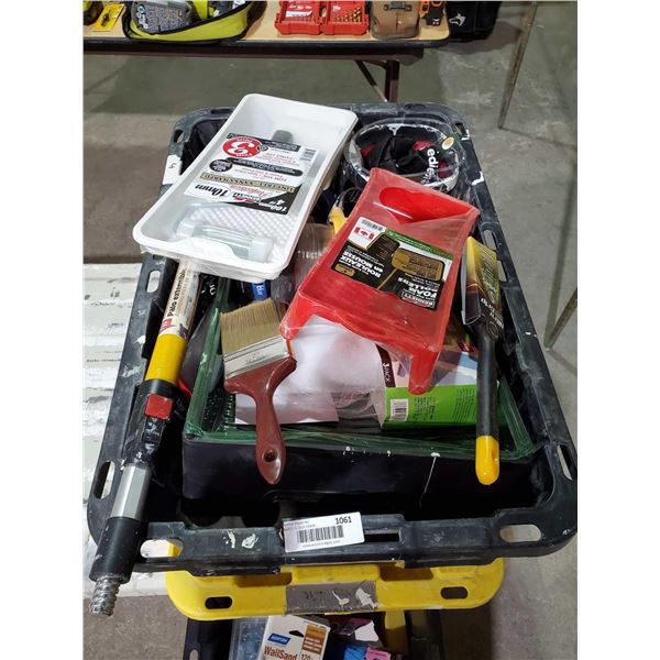 Lot of Paint Supplies and sundries with tote