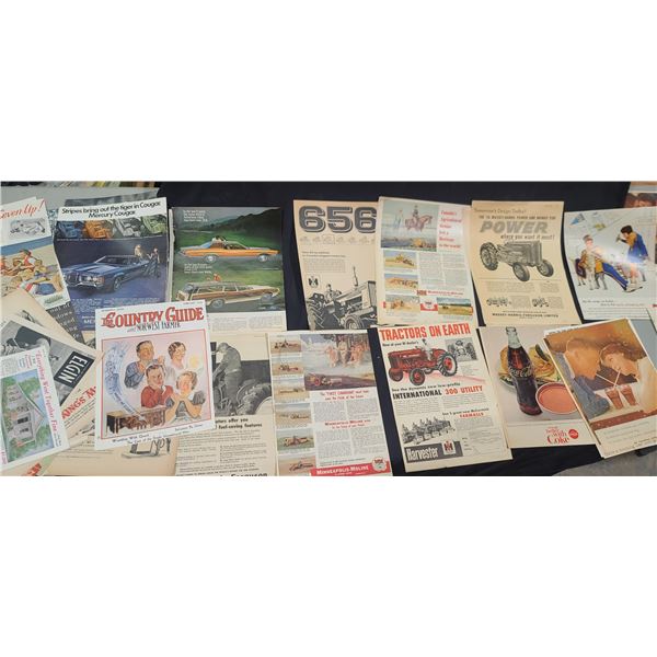 LARGE LOT OF 100 +/- NEWS PAPER ADDS FROM 1930'S TO 1970 - CARS; FORD, TOYOTA, CHRYSTLER, JOHN DEERE