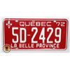 Image 1 : #883 QUEBEC 1972 LICENSE PLATE 5D-2429 CANADA
