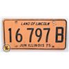 Image 1 : #923 U.S.A. LICENCE PLATE ILLINOIS 1975