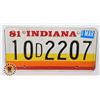 Image 1 : #939 U.S.A. LICENCE PLATE INDIANA 1981