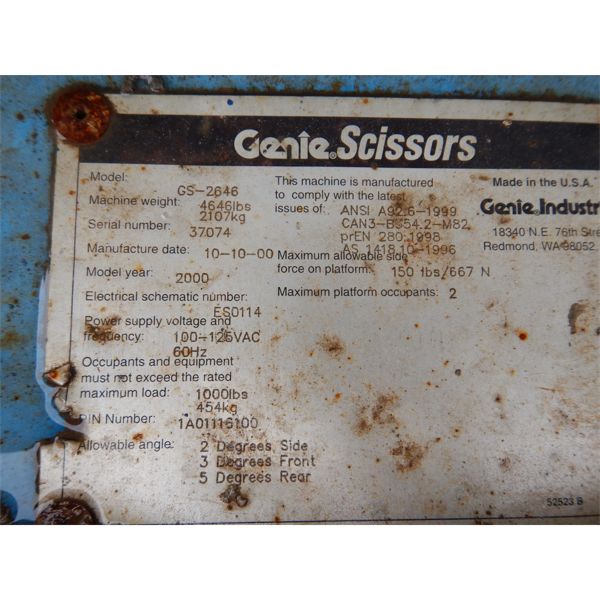 2000 GENIE GS-2646 Scissor Lift - J.M. Wood Auction Company, Inc.