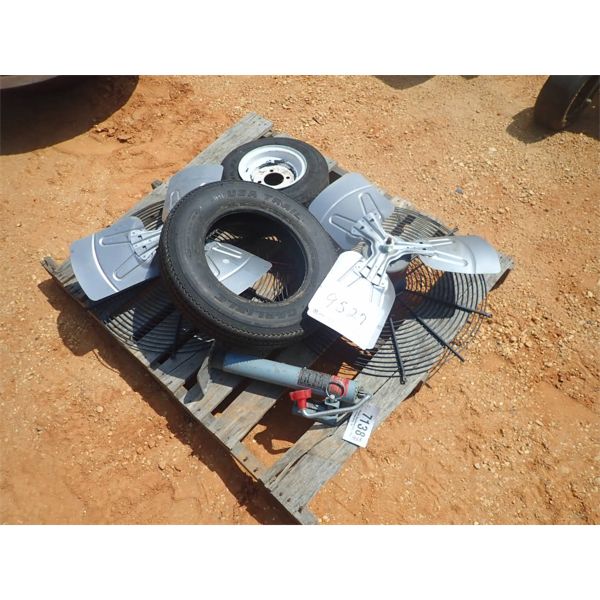 (1) PALLET MISC ELECTRIC FANS, TIRES & TRAILER JACK (C8)