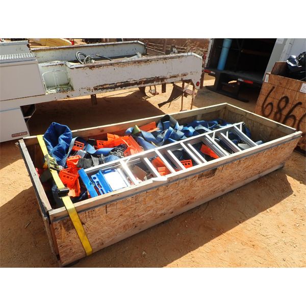 (1) BIN OF TARPS, CARGO STRAPS, CHAINS, RATCHET BINDERS & MISC ITEMS