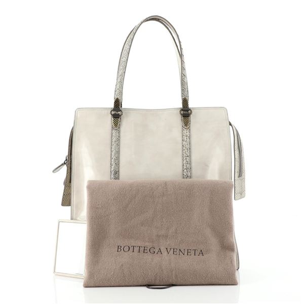 Bottega Veneta Tote Patent with Intrecciato Snakeskin Detail Tall Neutral