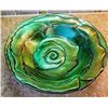 Image 1 : 3)  GREEN/GOLD IRIDESCENT GLASS FLOWER BOWL,