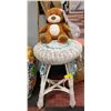 Image 1 : WHITE WHICKER PLANT STAND/STOOL & TEDDY BEAR