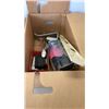 Image 2 : 2 BOXES AND PAIL OF TOOLS, SHOP SUPPLIES, TOOL HANDLES