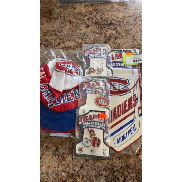 MONTREAL CANADIANS TEAM COLLECTIBLES FLAGS, PINS, EARRINGS, KEYCHAIN, HAT