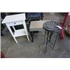 Image 1 : WHITE ENDTABLE, SILVER AND BLACK ENDTABLE AND PLACK METAL PLANTER STAND