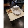 Image 1 : PORCELAIN CENTERPIECE WITH FRAMED ODE TO SAND DOLLAR AND VINTAGE BOTTLES