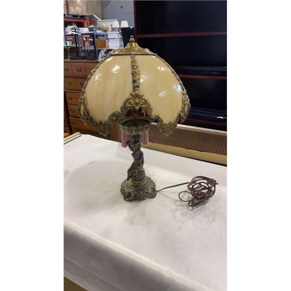 SLAG GLASS TABLE LAMP WITH BRASS FIGURAL BASE - 16 INCHES TALL