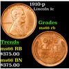 Image 1 : 1910-p Lincoln Cent 1c Grades GEM+ Unc RB
