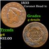 1833 Coronet Head Large Cent 1c Grades g details
