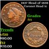 Image 1 : 1837 Head of 1838 Coronet Head Large Cent 1c Grades f+