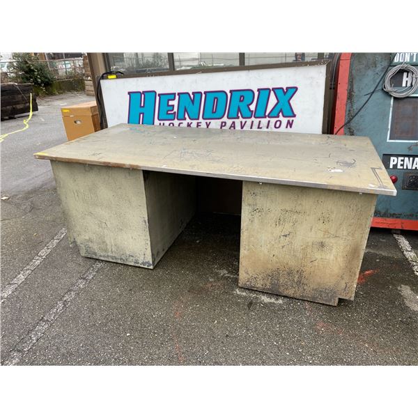 Large Double Pedestal Work Bench with Faux Side Drawers - Wood Plank Top - 108 x 56 x 37 1/2in