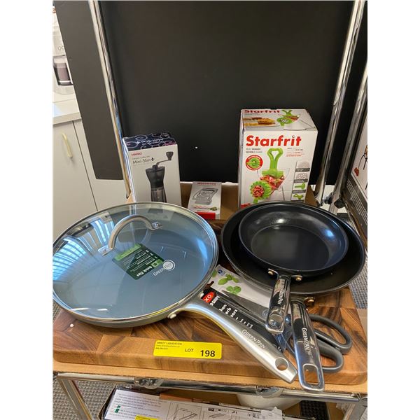 Group lot of Green Pan Skillets, Kitchen Shears, Starfrit Meat Grinder, Westmark Egg Slicer, Hario C