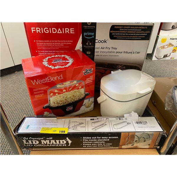 Frigidaire SS Air Fry Tray, West Bend Popcorn Machine, Organics Waste Container & Lid Organizer