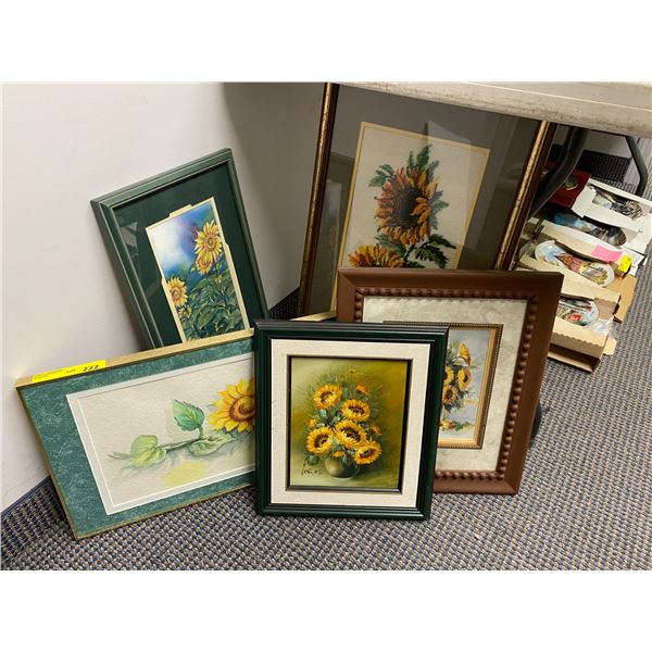 Group Lot of Sunflower Framed Pictures - 5 in total, Three prints, one needlepoint and one original