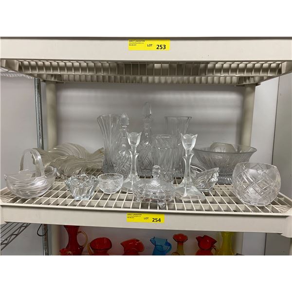 Shelf Lot of Crystal and Glass Pieces - Decanters, Candlesticks, Bowls, Vases - all in excellent con